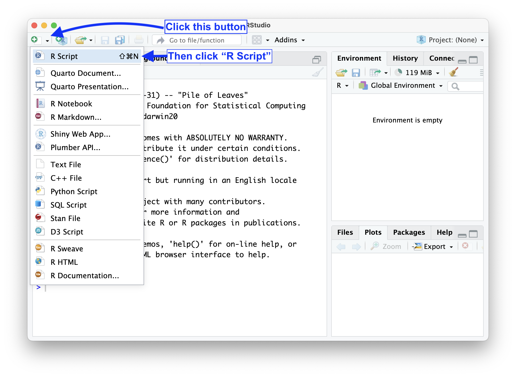 How to create a new R script in RStudio.